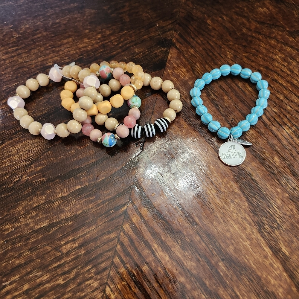Mixed Beaded Bracelet Bundle Boho Stack Turquoise “Be Brave” Charm Set